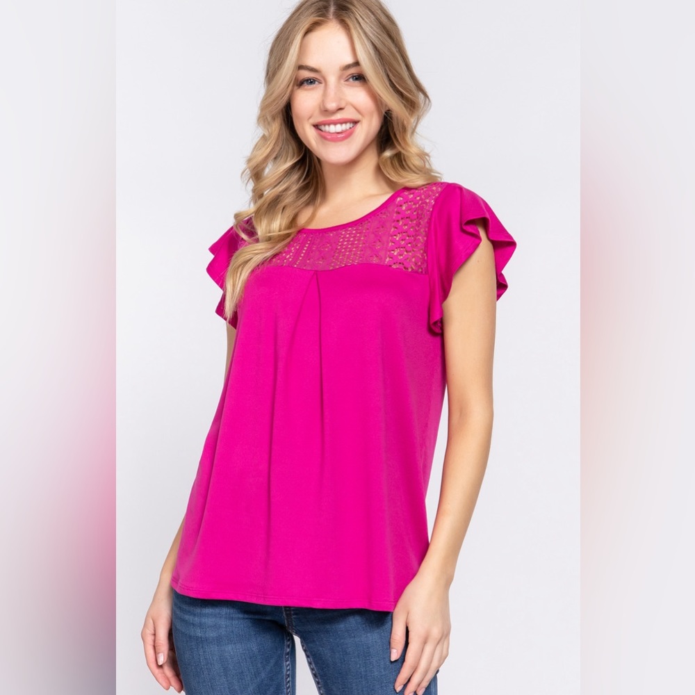 Active Basic Ruffle Short Sleeve Lace Detail Knit… - image 1
